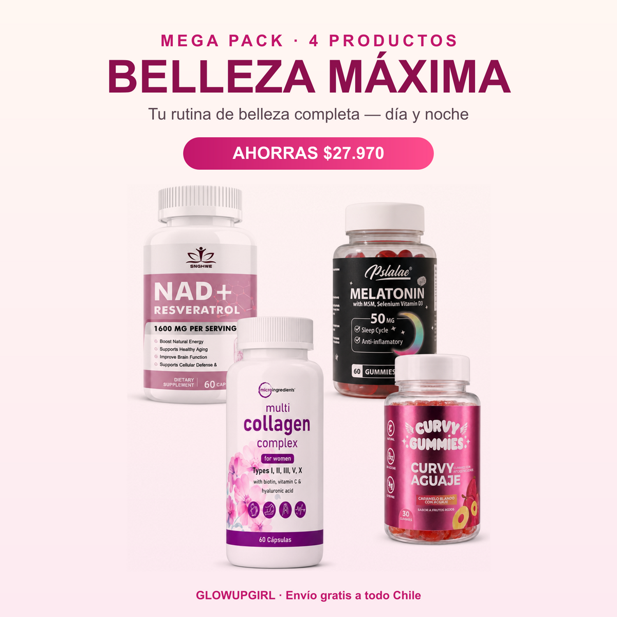 Mega Pack Belleza Máxima: NAD+, Melatonin, Multi Collagen y Curvy Gummies