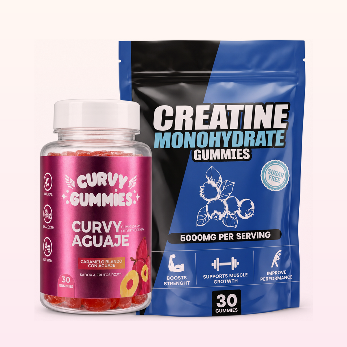 Pack Gym Gummies: Curvy Gummies delante de la bolsa de Creatine Monohydrate Gummies