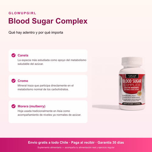 Infografía de beneficios: Blood Sugar Complex – Soporte Integral 60 Cápsulas