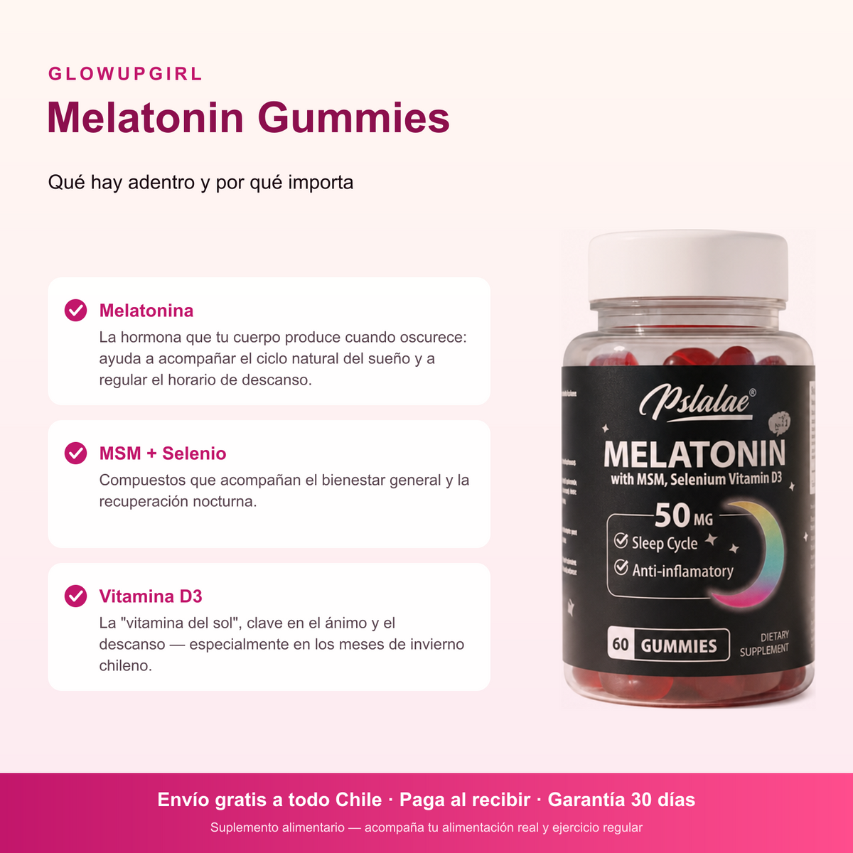 Infografía de beneficios: Melatonin Gummies – 60 Gomitas