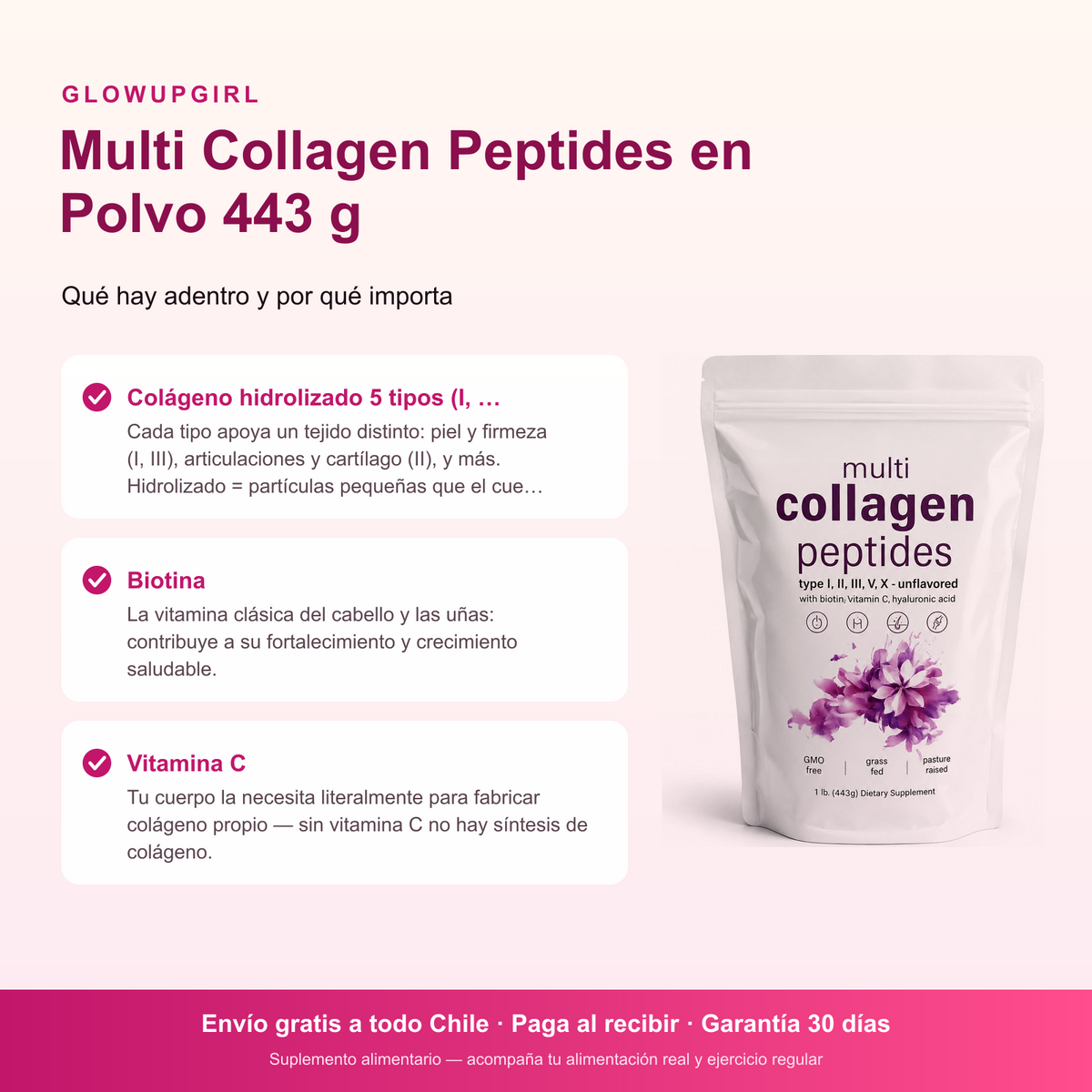 Infografía de beneficios: Multi Collagen Peptides en Polvo 443 g