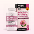 Pack Plenitud: frasco de NAD+ Resveratrol junto a la caja de Nutrix Menopause Probiotics for Women