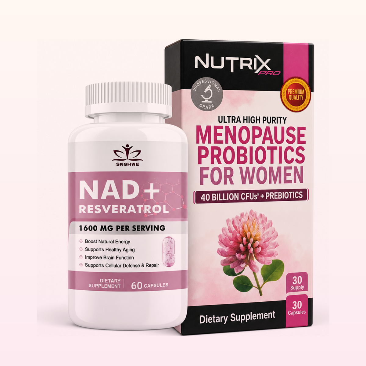 Pack Plenitud: frasco de NAD+ Resveratrol junto a la caja de Nutrix Menopause Probiotics for Women