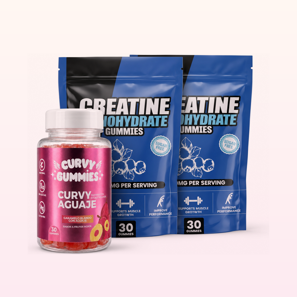 Pack SuperFit: frasco Curvy Gummies delante de dos bolsas de Creatine Monohydrate Gummies